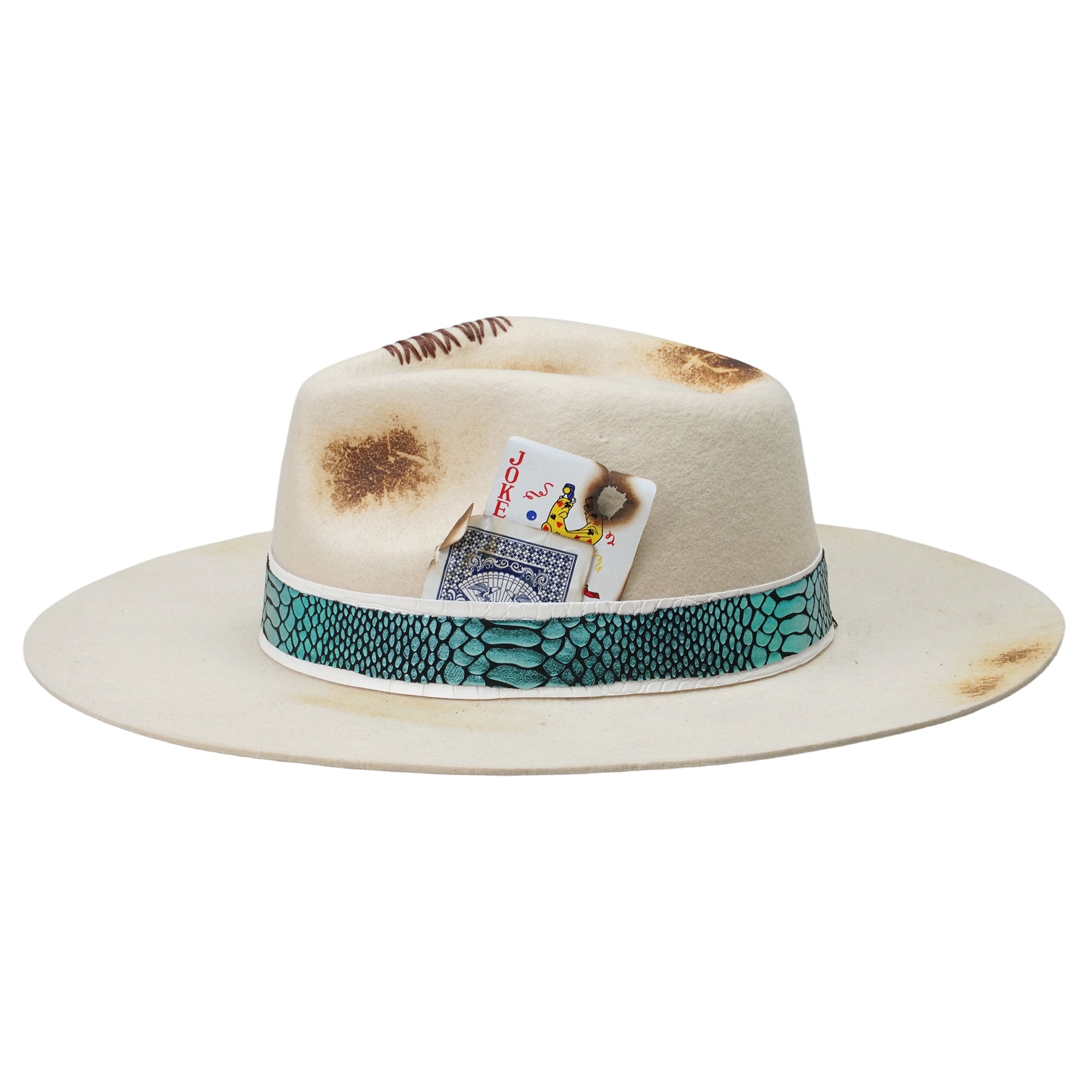 Teardrop Felt Hat with Ornate Band & Charred Card