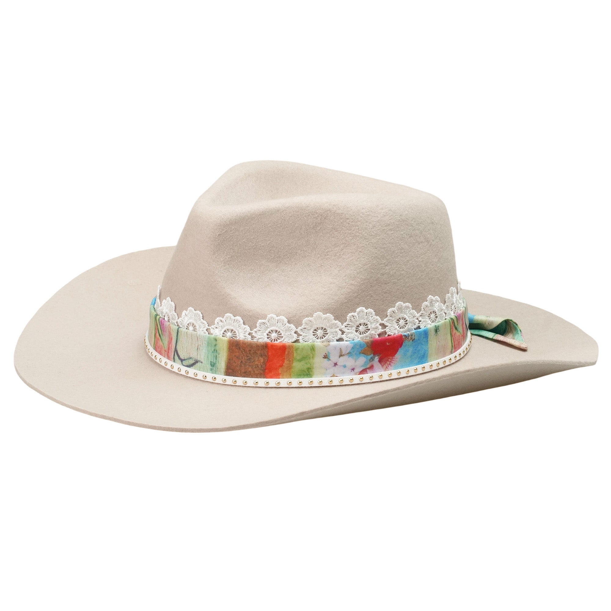 Off-White Rolled Brim Felt Hat with Lace & Art Band
