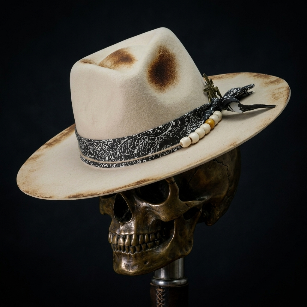 Hand-Burned Straight-Brim Felt Hat – Beaded Band, Vintage Metal Pin