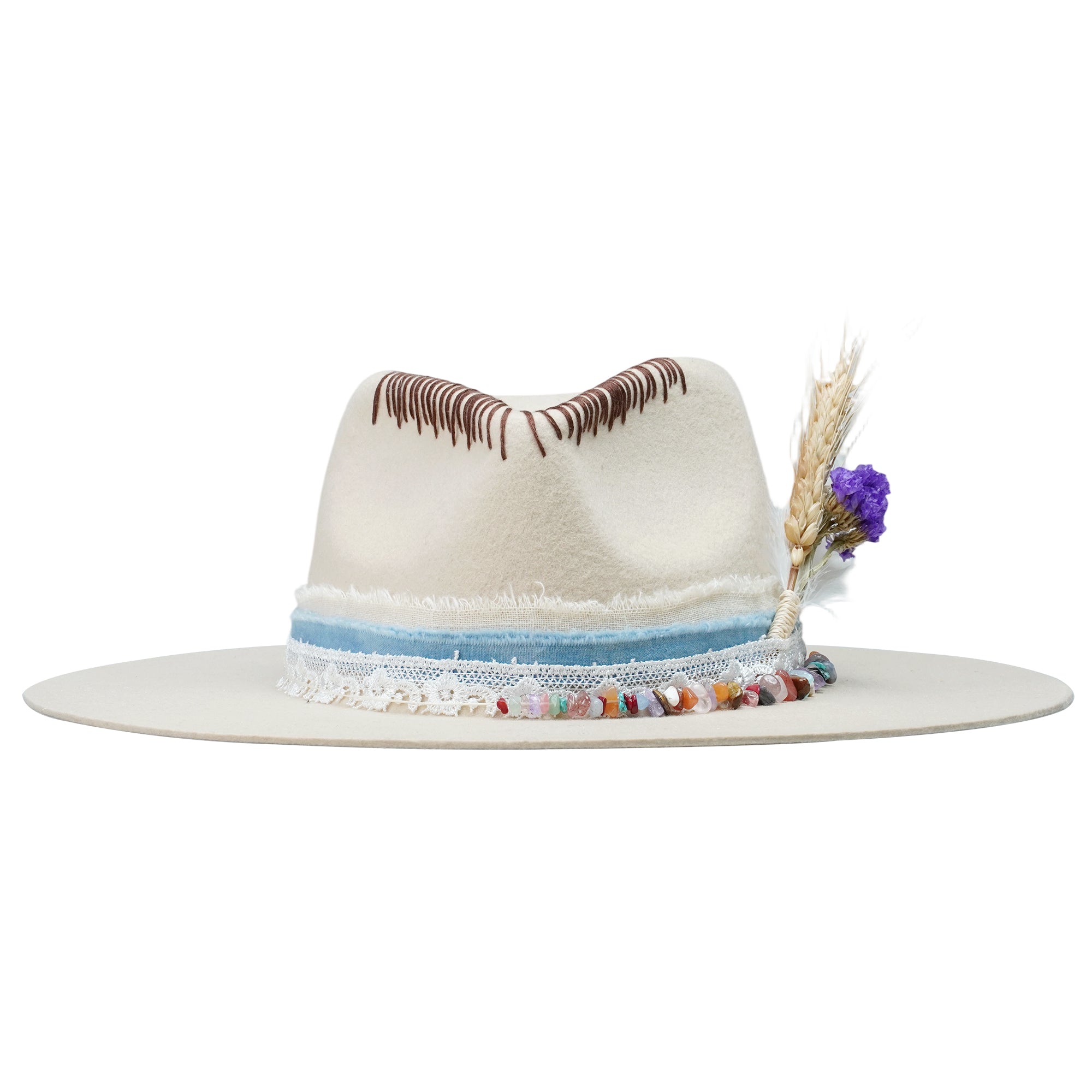 Cream Felt Fedora with Colorful Stones & Dried Flowers