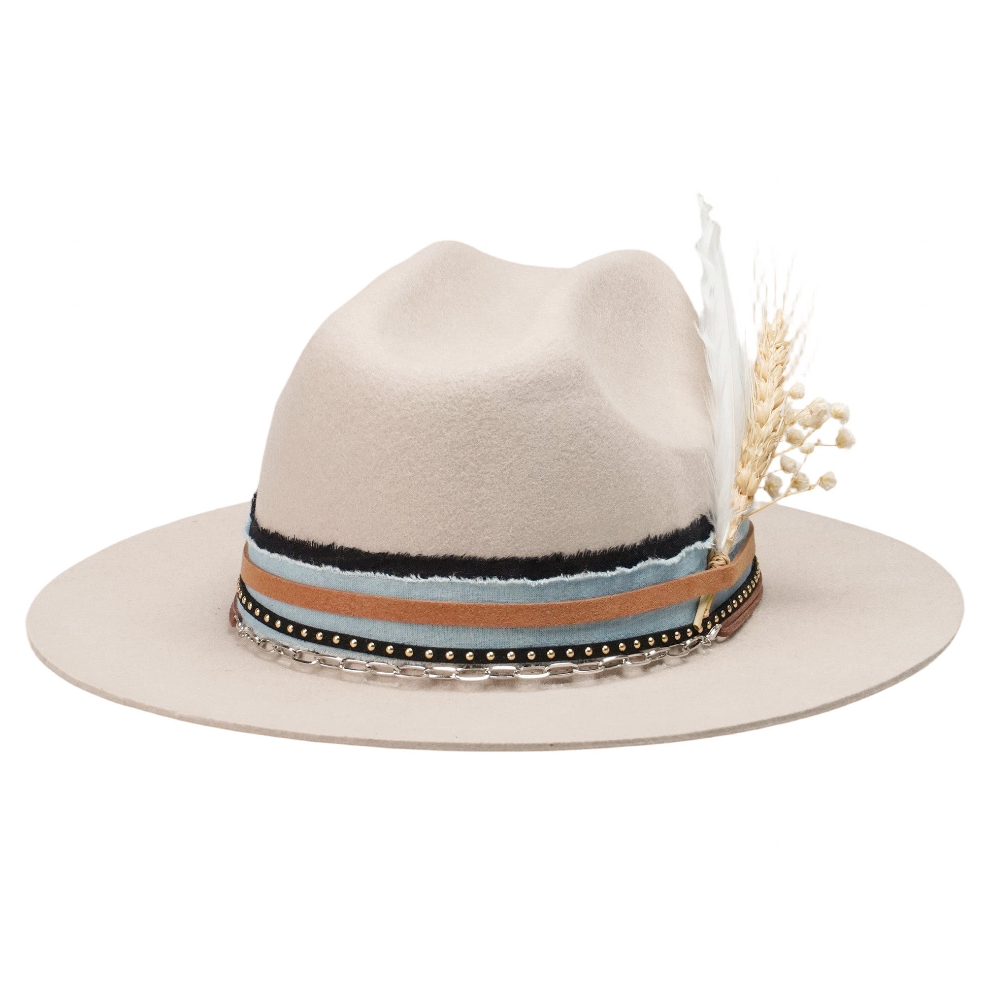 Oatmeal Felt Hat - Silver Chain & Floral Accent Detail