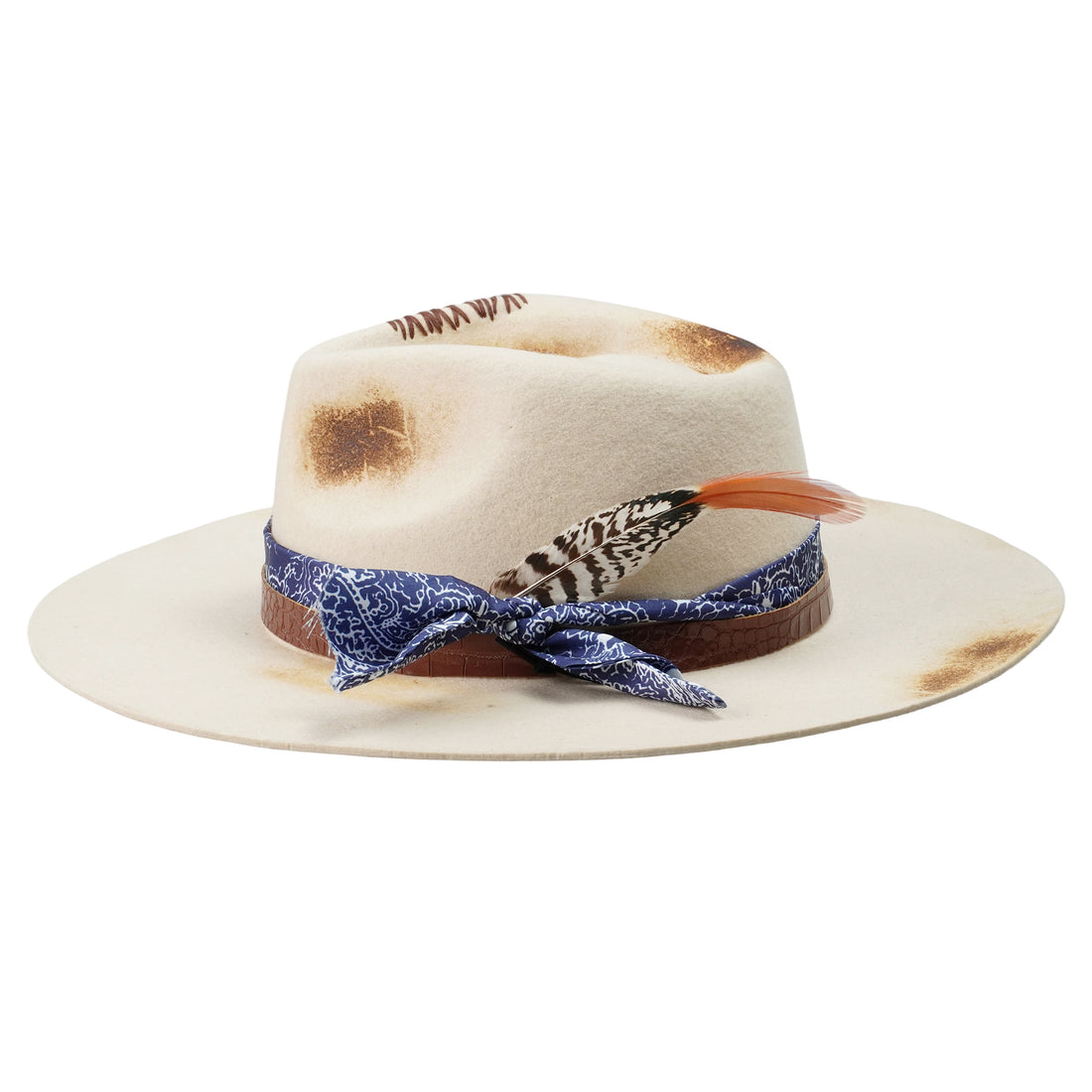 Hand-Burned Artistic Felt Hat – Light Tone, Organic Embellishment