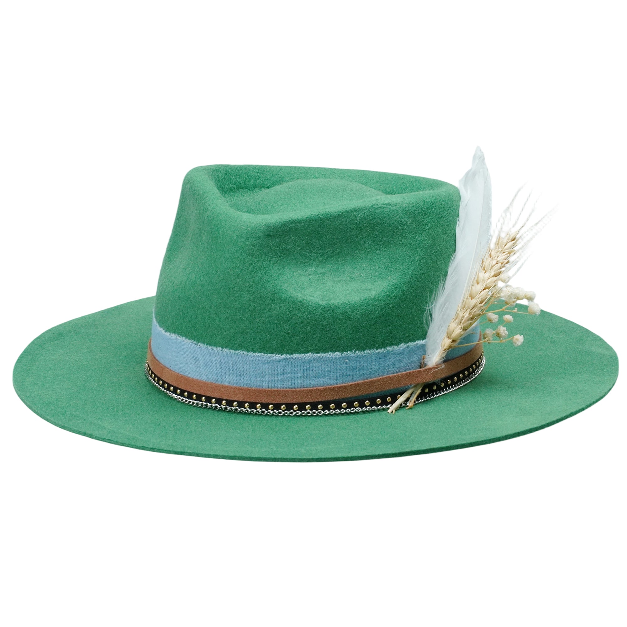 Green Straight Brim Felt Hat with Denim Band