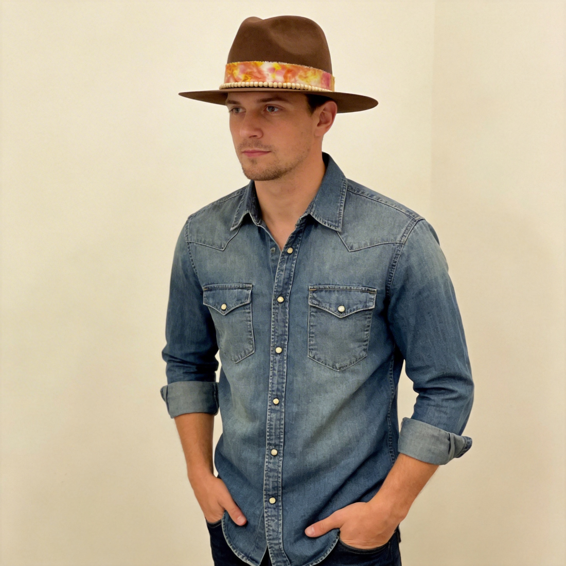 Brown Felt Hat – Custom Tie-Dye & Bead Trim