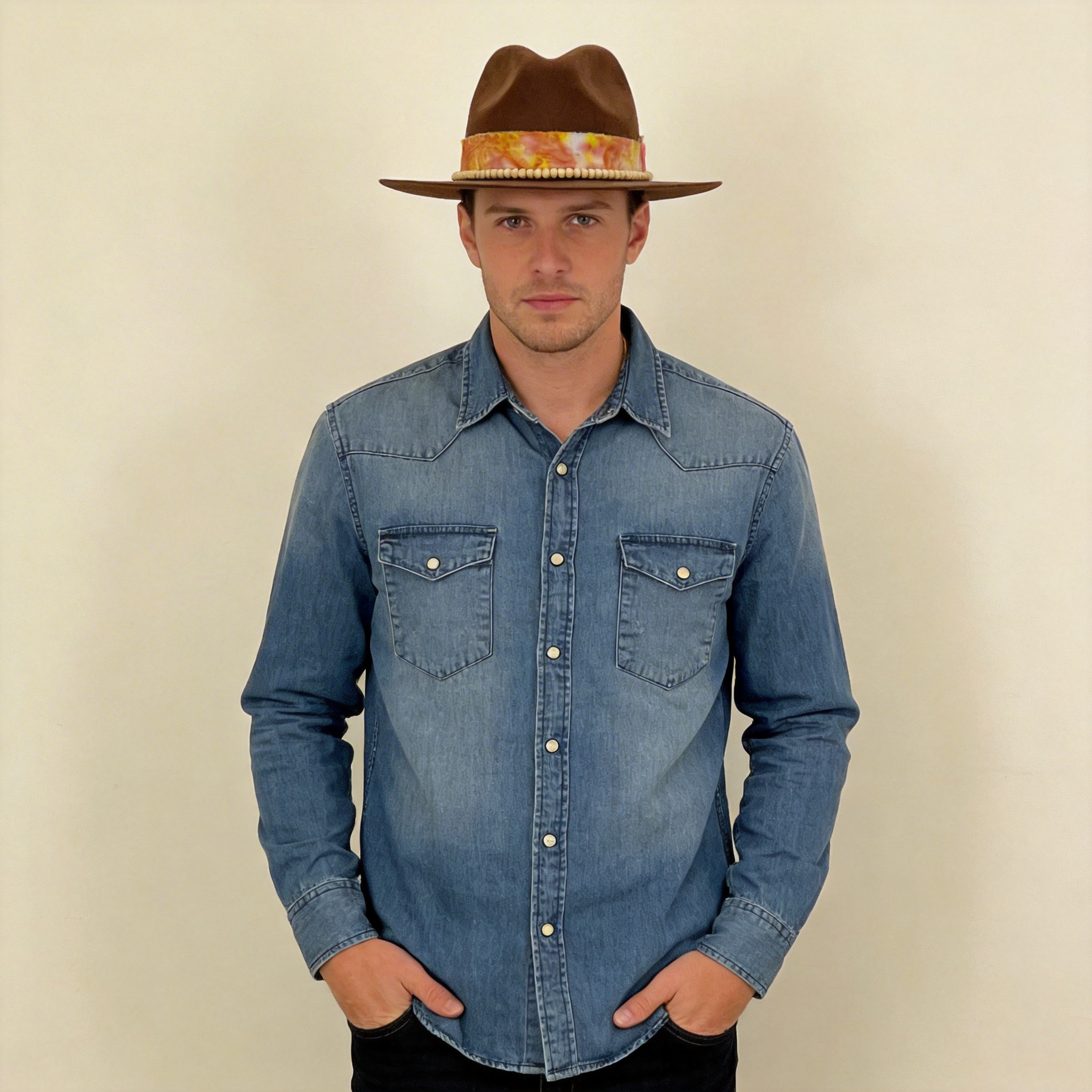 Brown Felt Hat – Custom Tie-Dye & Bead Trim