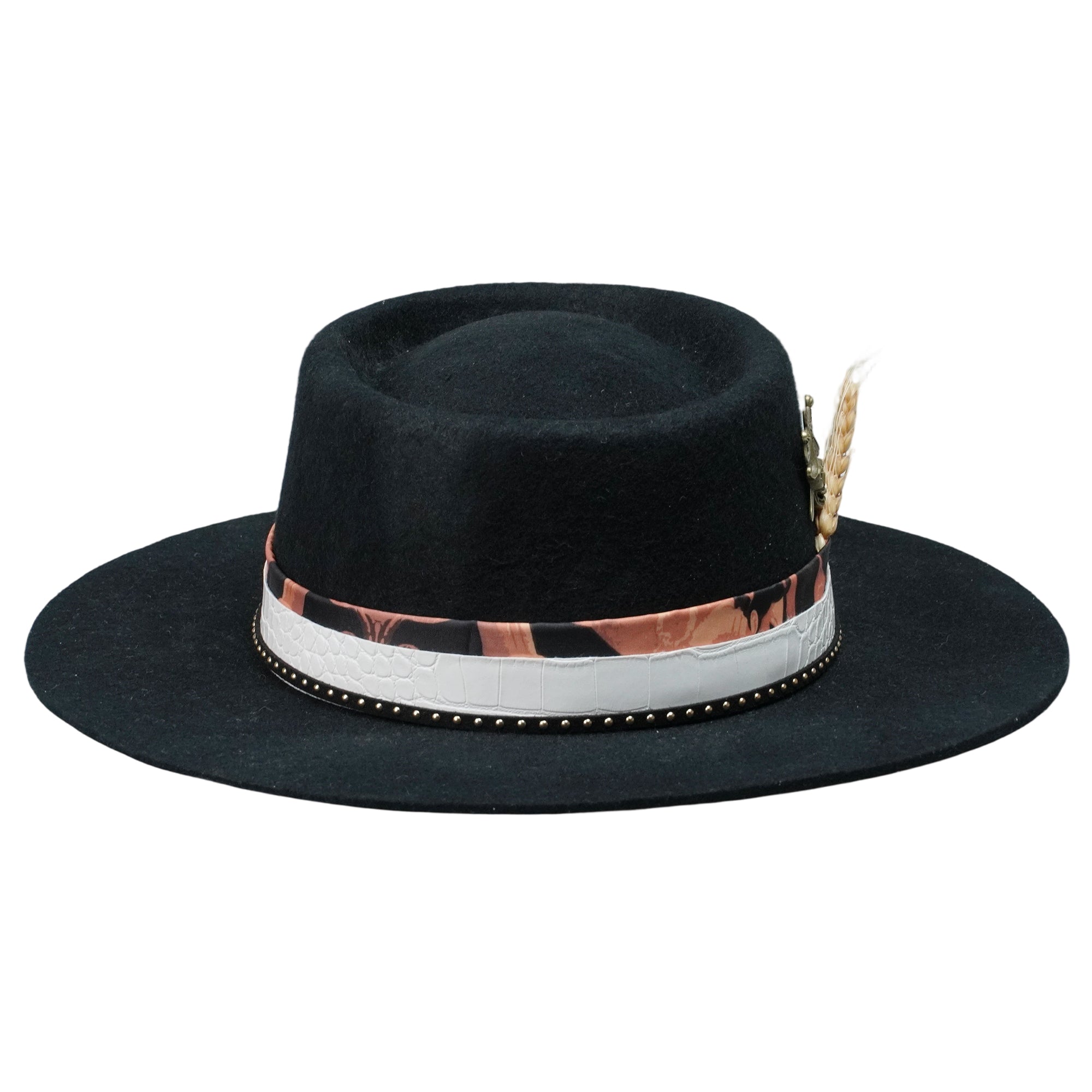 Rustic Black Hat: Wheat Design, Metal Trim