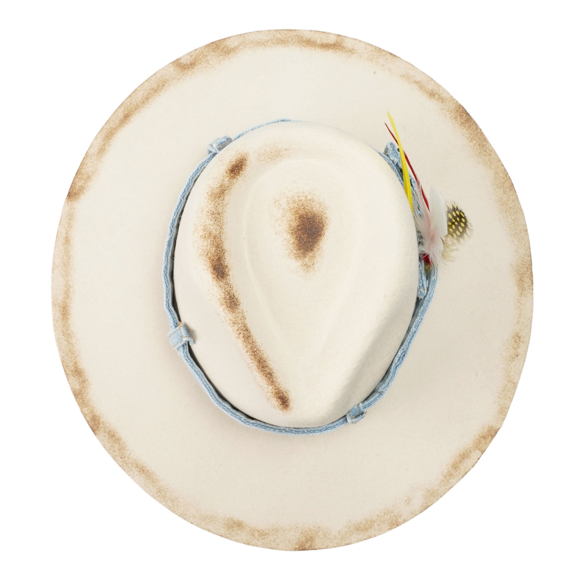Distressed Felt Hat – Denim Band, Feather Accent