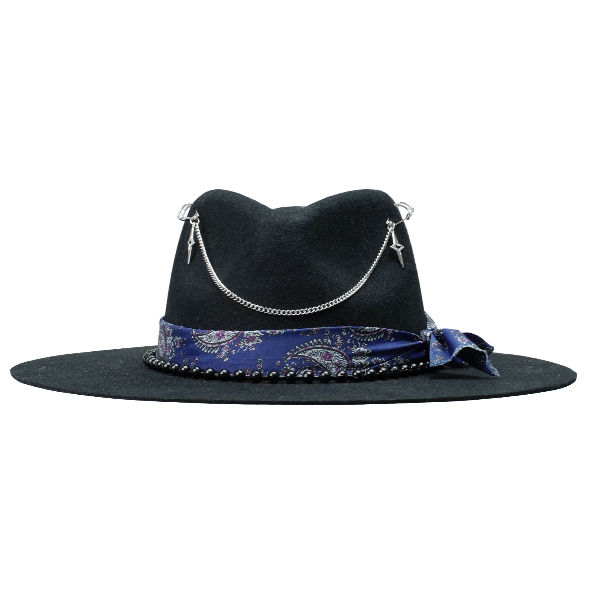 Edgy Black Hat: Beaded Band, Metal Chains, Pins