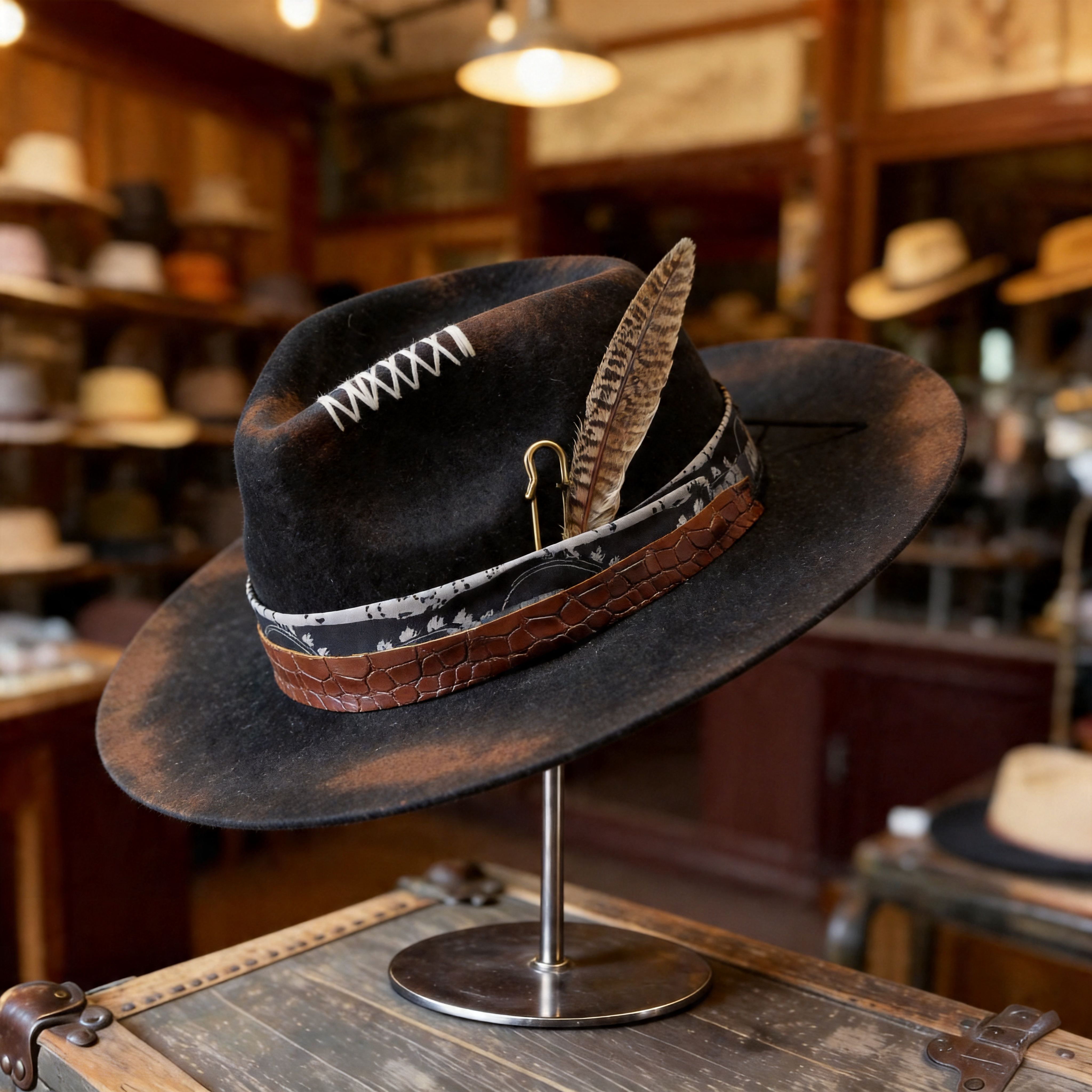 Felt Hat – Black with Teardrop Crown and Burnt Edges