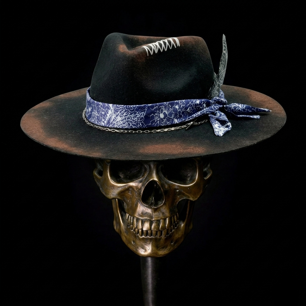 Hand-Burned Modern Felt Hat – Sleek Black, Mixed-Media Band