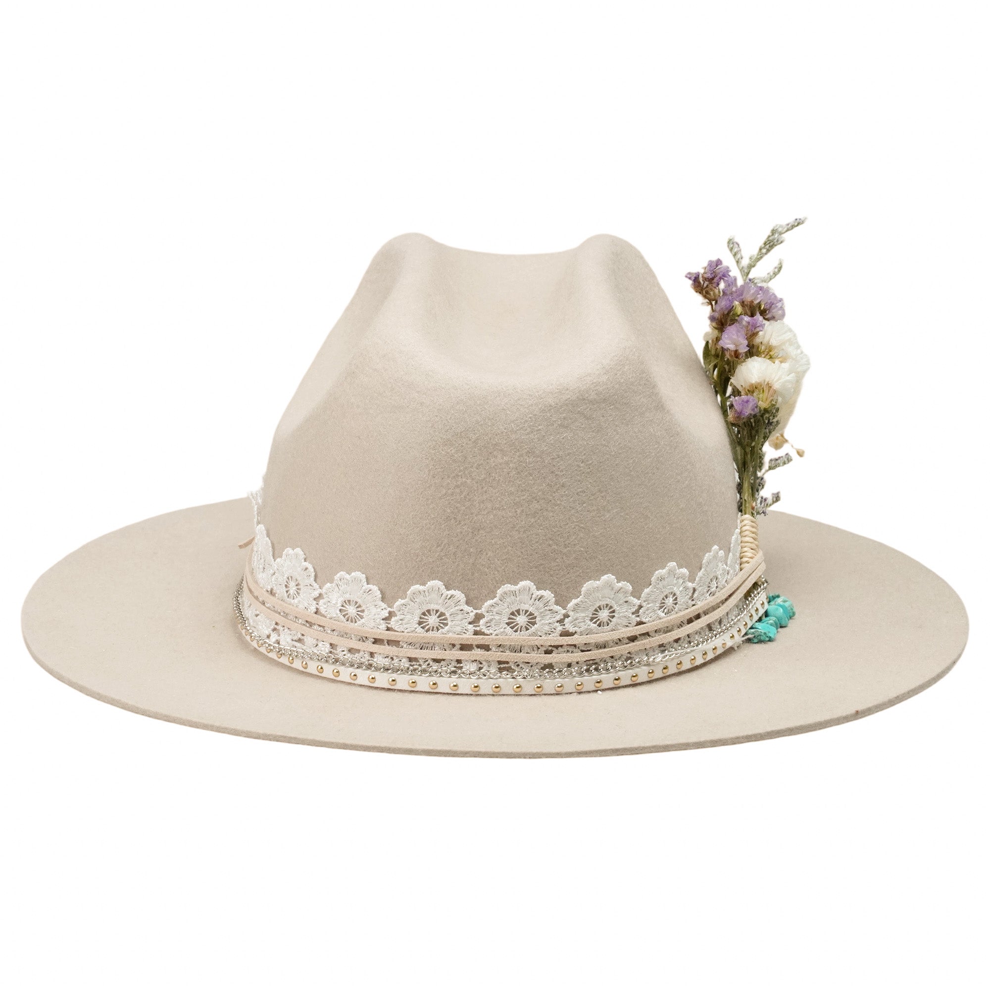 Cream Felt Hat - Turquoise & Lace Western Style
