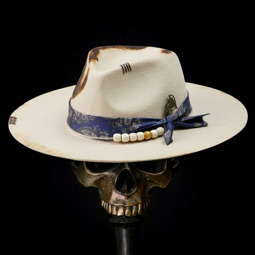 Hand-Burned Artistic Felt Hat – Minimal Form, Detailed Hardware