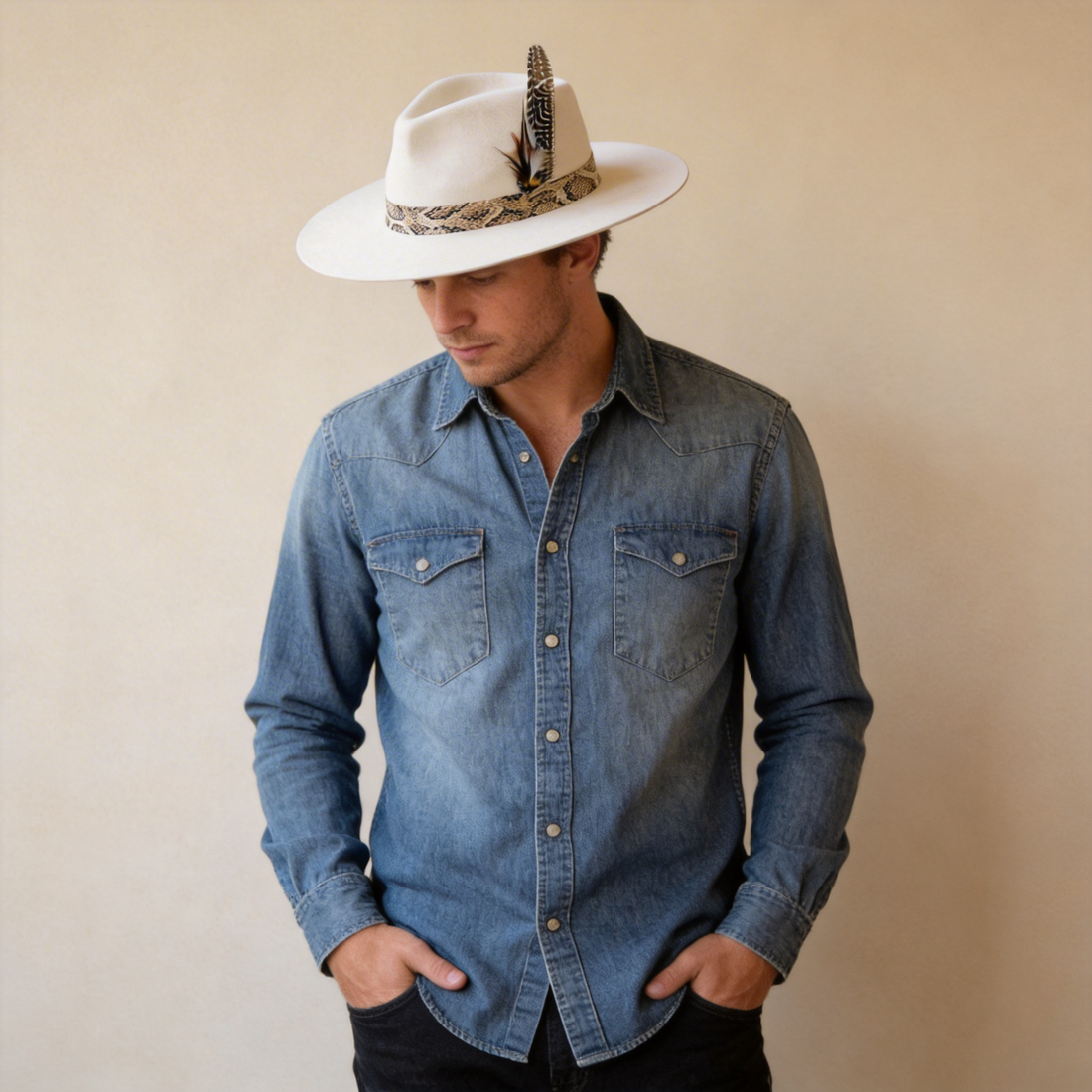 Ivory Wide-Brim Felt Hat – Feather Accent