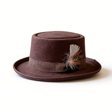Deep Brown Round-Crown Top Hat– Vintage Feather Detail