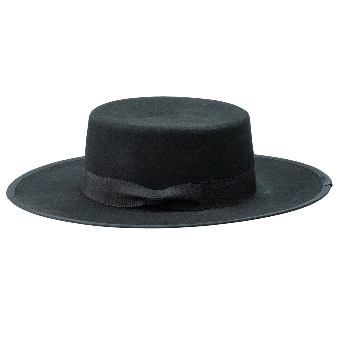 Black Round Flat Top Felt Hat with Bow