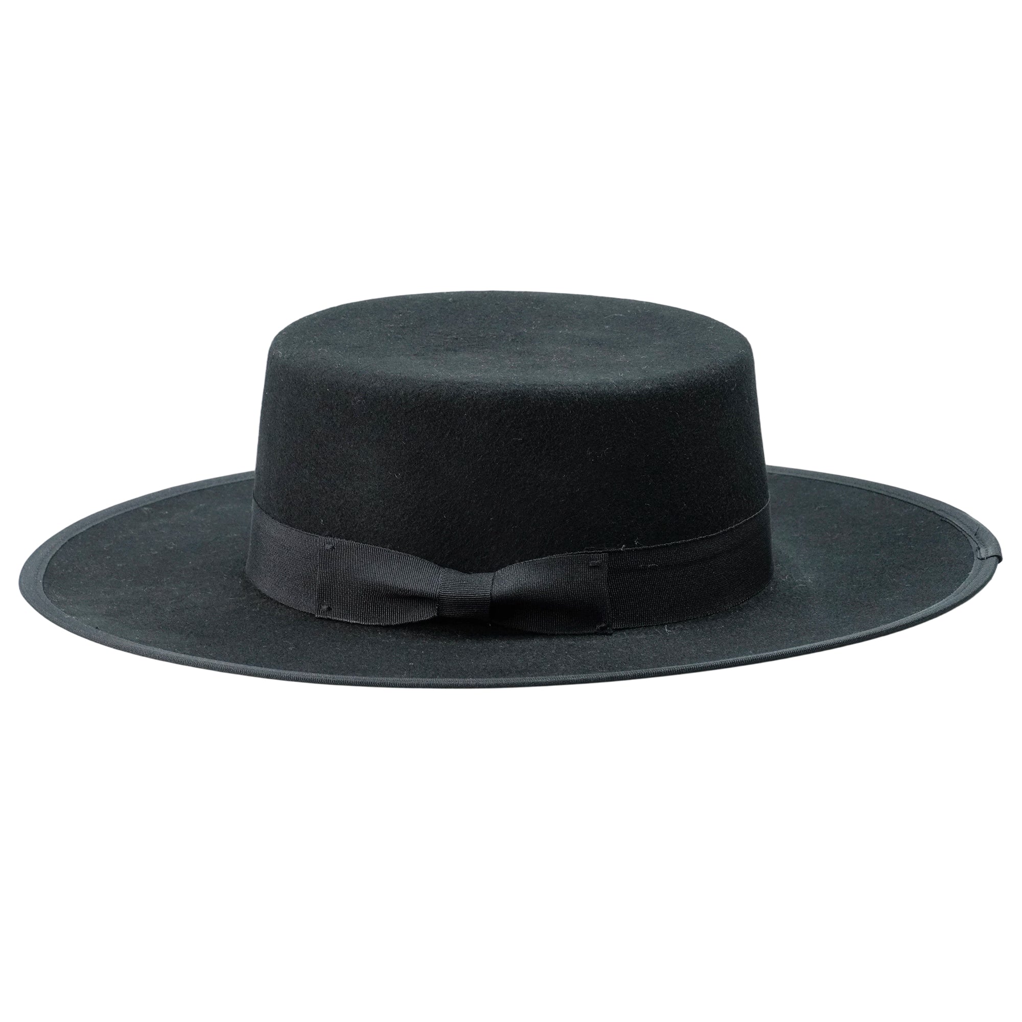 Black Round Flat Top Felt Hat with Bow