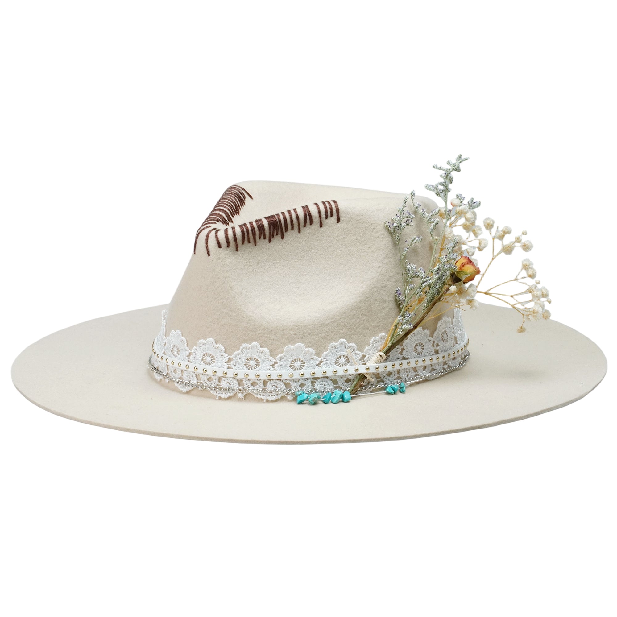 Cream Felt Fedora with Lace Band & Turquoise Beads