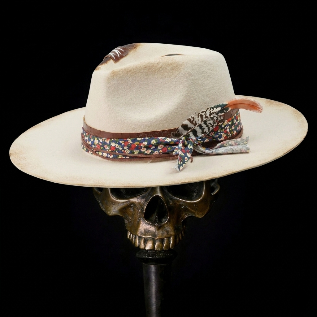 Hand-Burned Modern Felt Hat – Neutral Base, Mixed-Material Trim