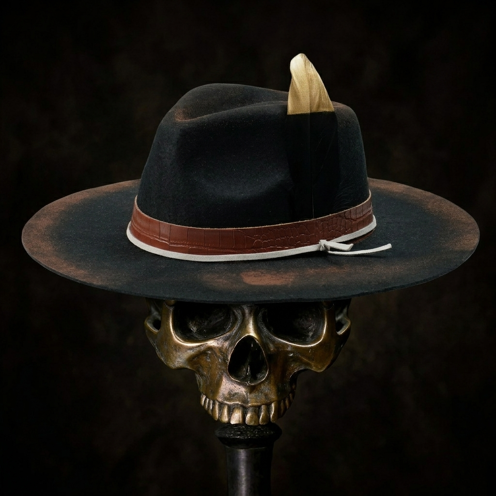 Hand-Burned Statement Felt Hat – Distressed Edge, Leather and Feather
