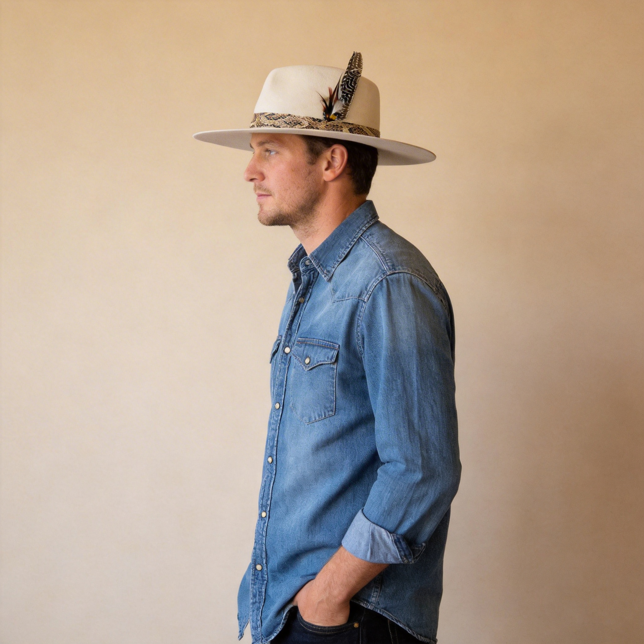Ivory Wide-Brim Felt Hat – Feather Accent