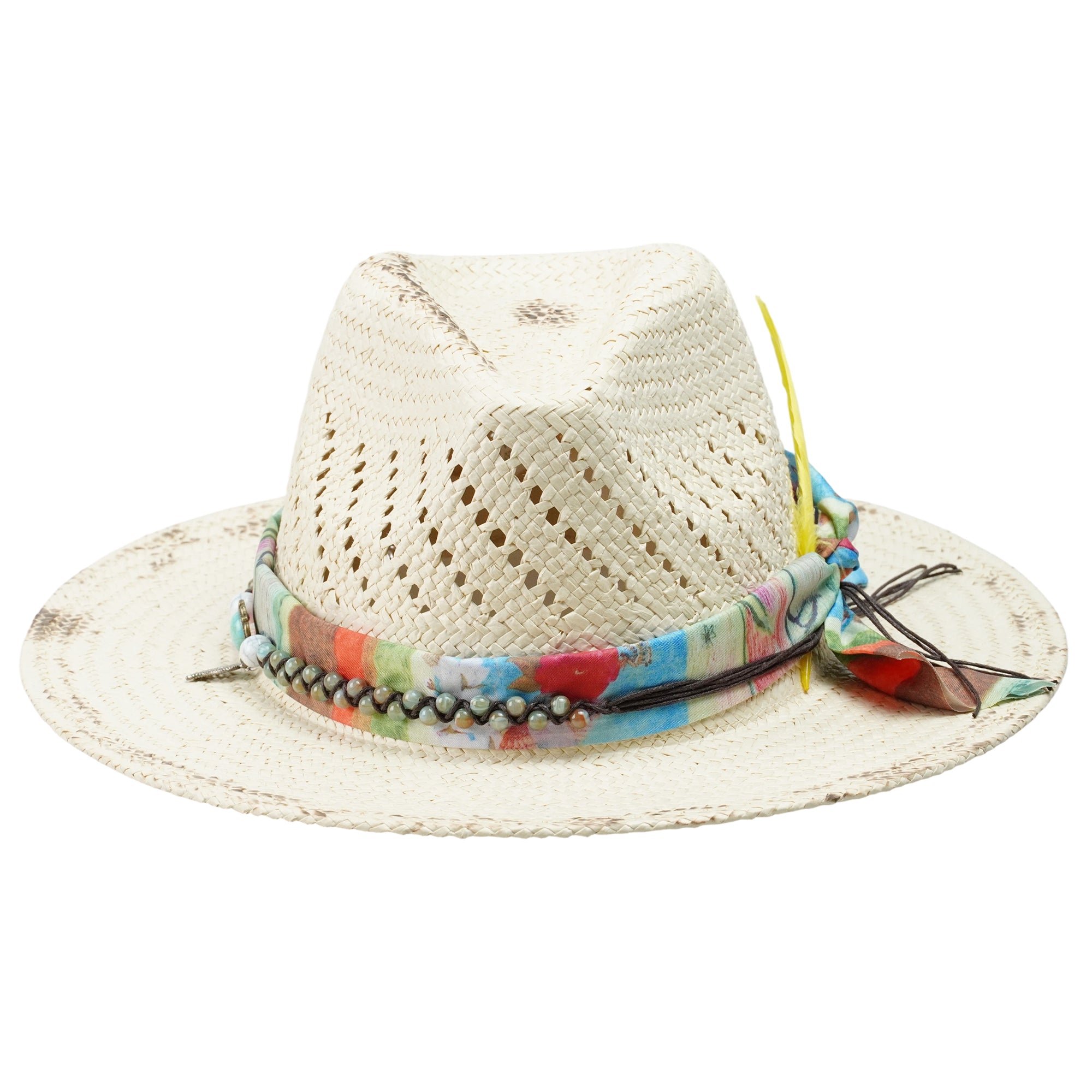 Artistic Straw Hat – Burnt Brim, Feather and Beaded Cord