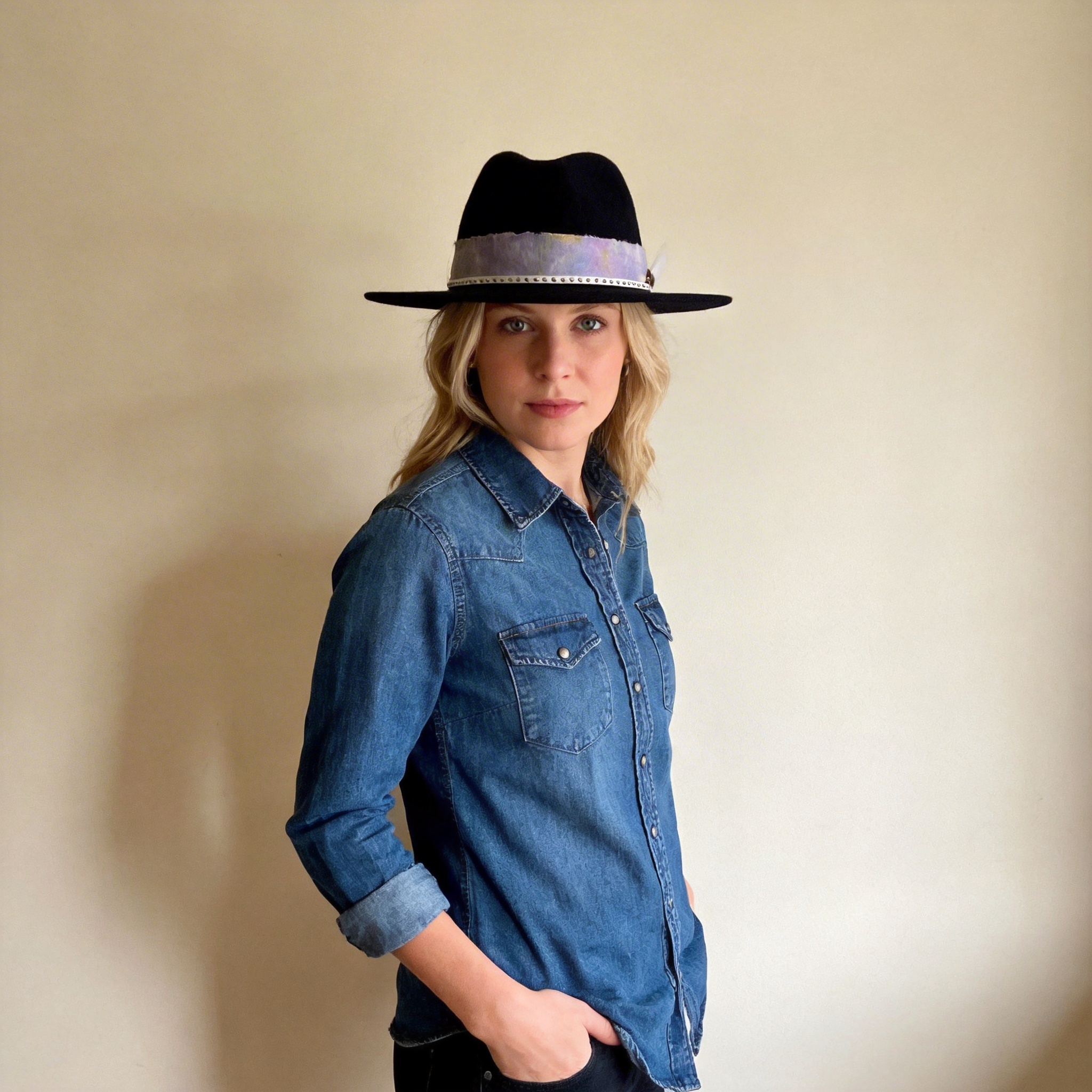 Black Flat-Brim – Purple Tie-Dye & Feather Band