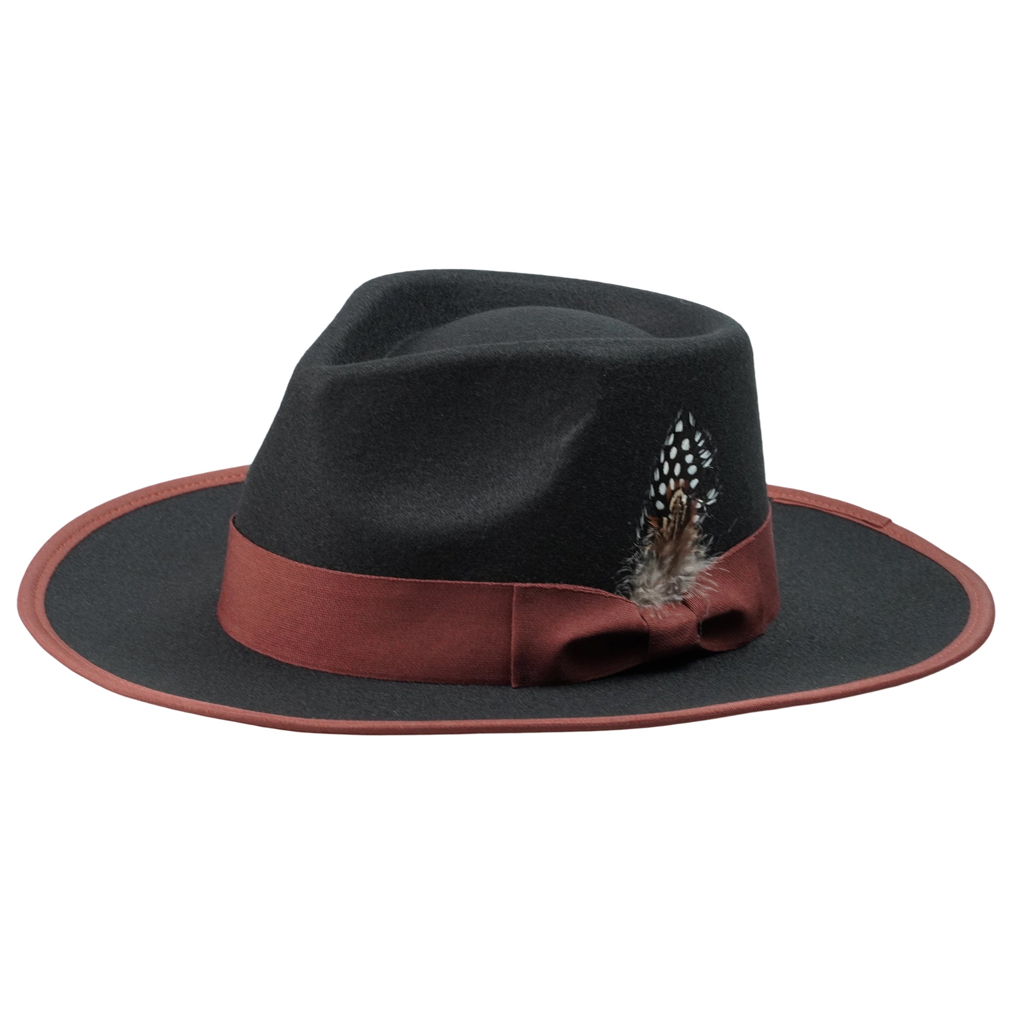 Black Felt Fedora with Burgundy Bow & Feather