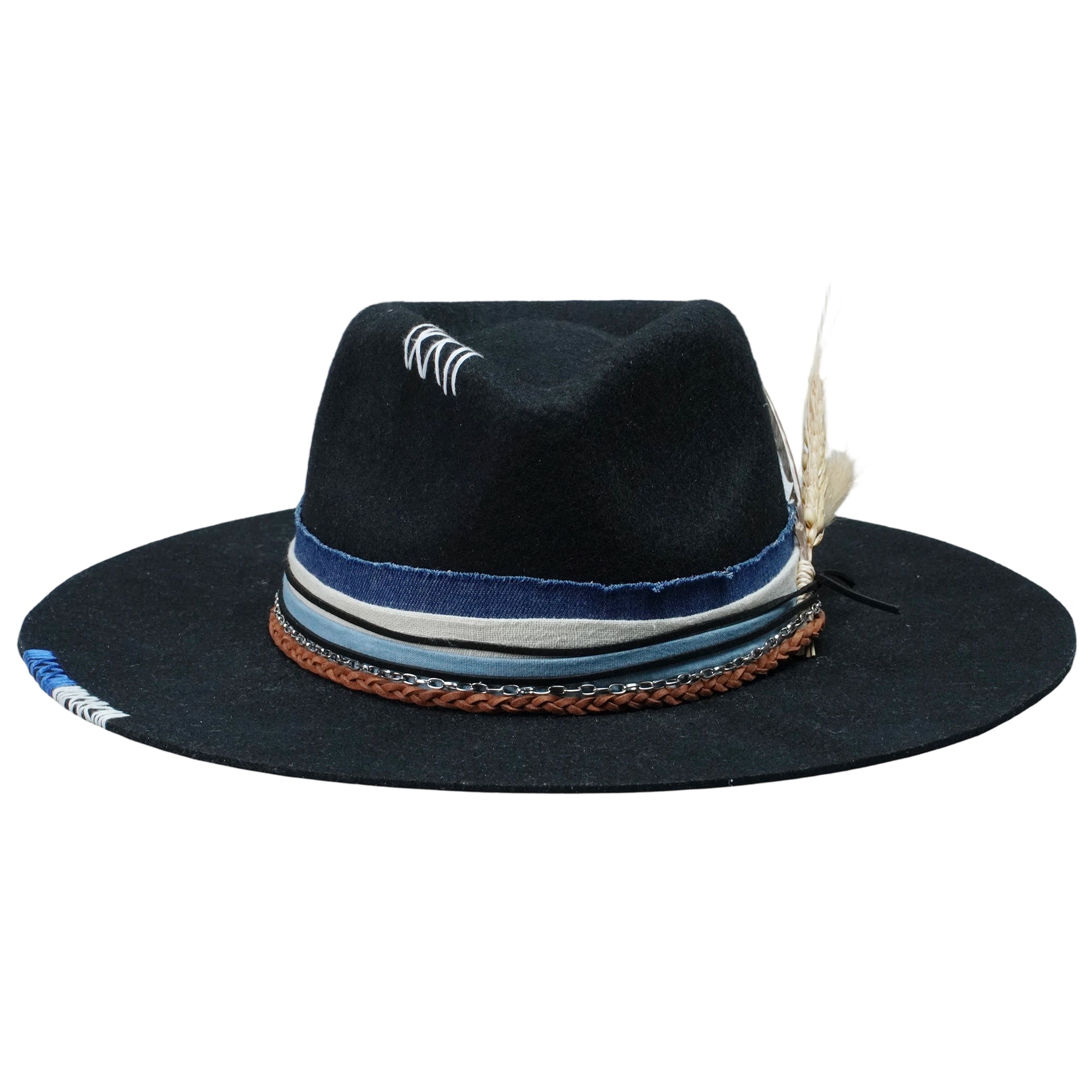 Black Felt Fedora with Braided Leather & Wheat