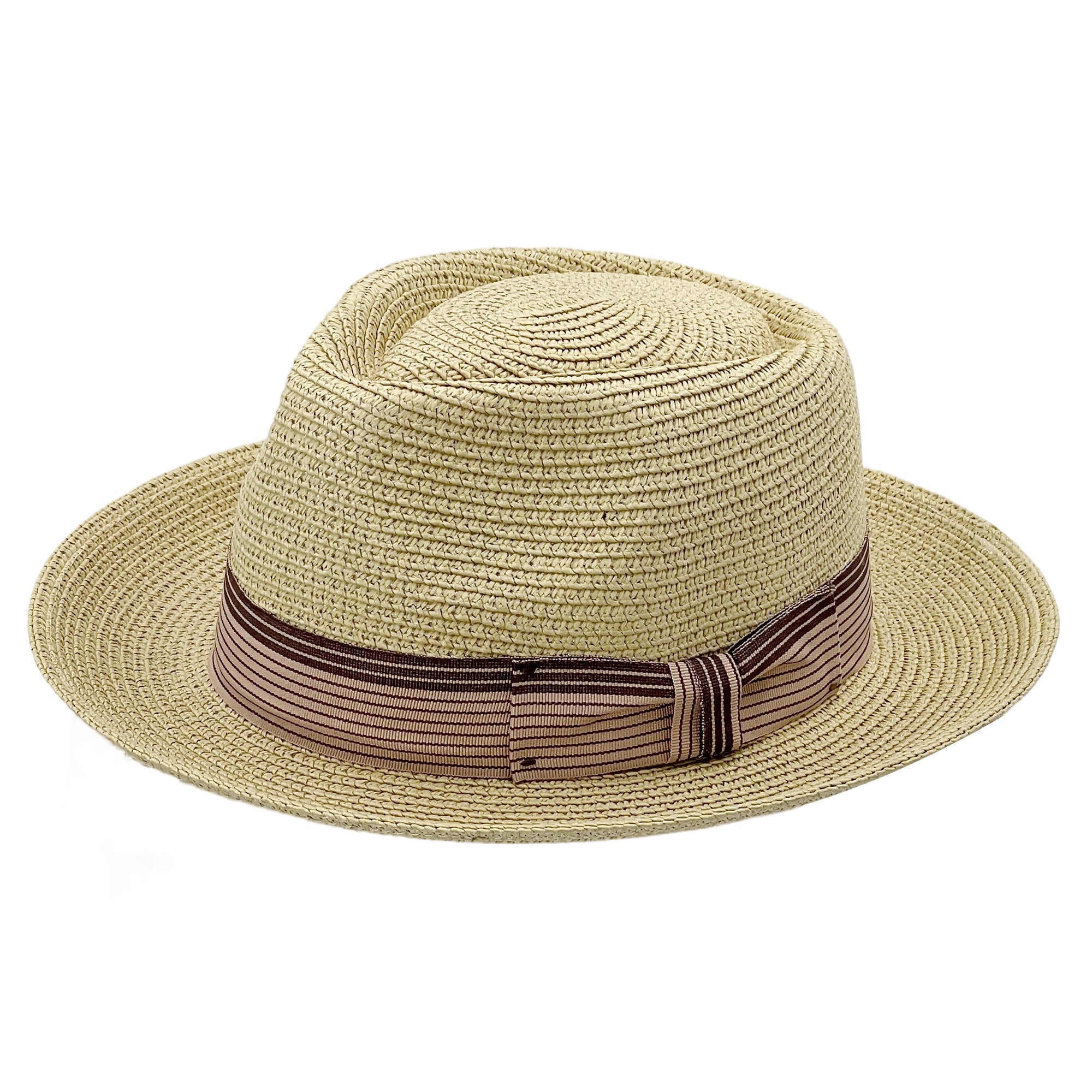 Straw Hat – Beige, Narrow Brim, Striped Band