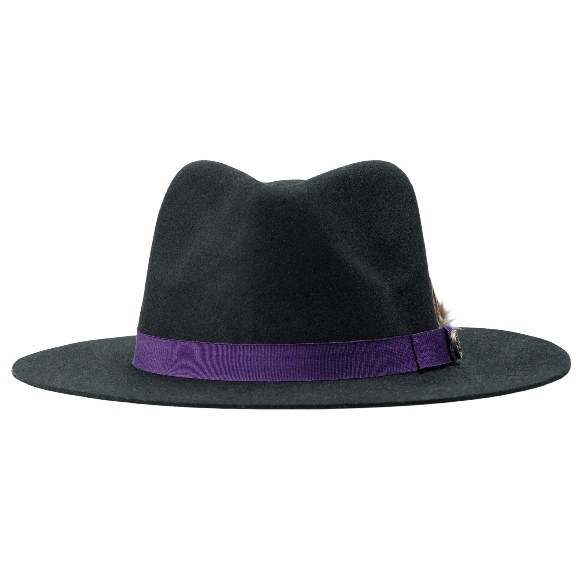 Black Flat Brim Felt Hat with Purple Band