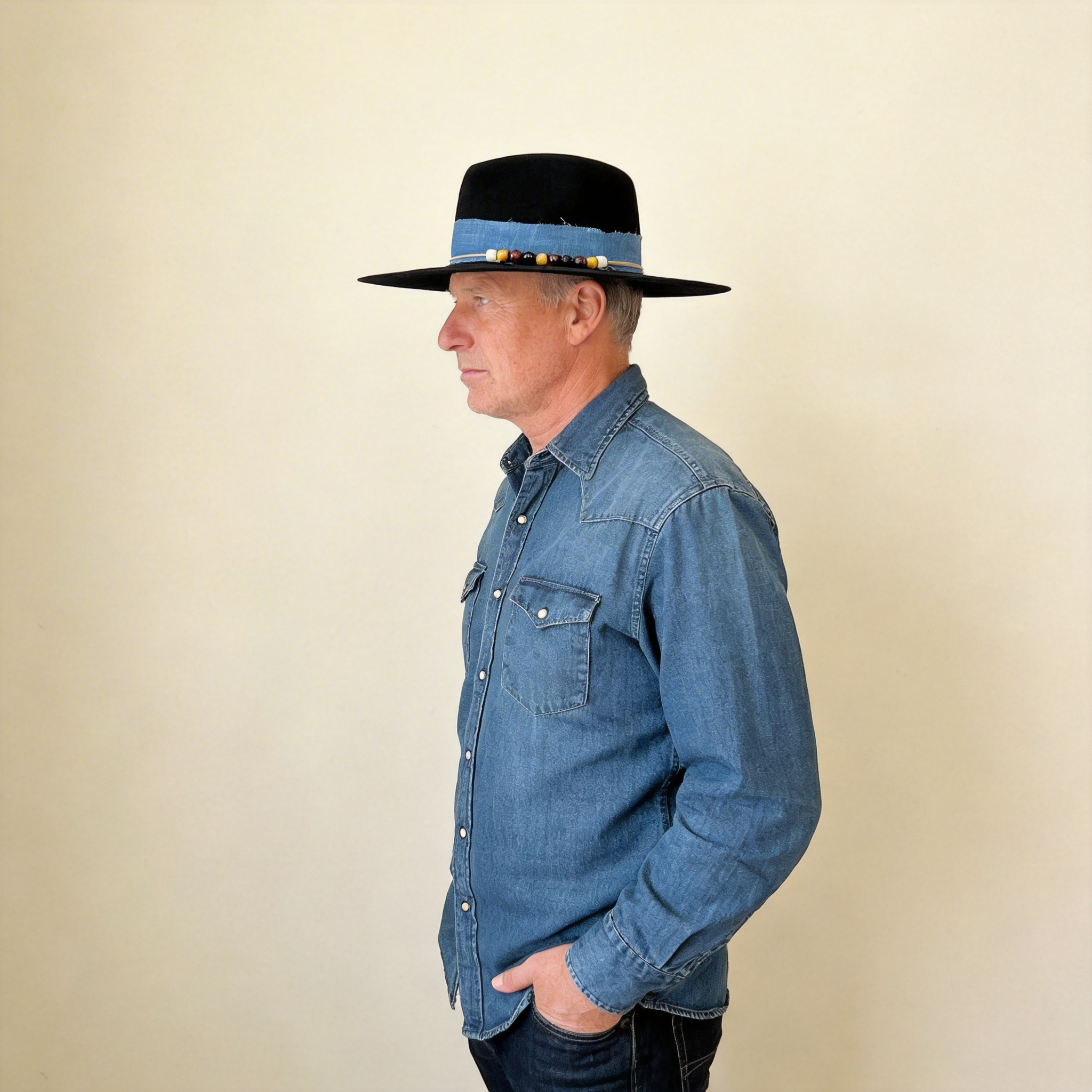Premium Felt Hat – Blue Fabric & Beads