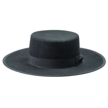 Black Round Flat Top Felt Hat with Bow