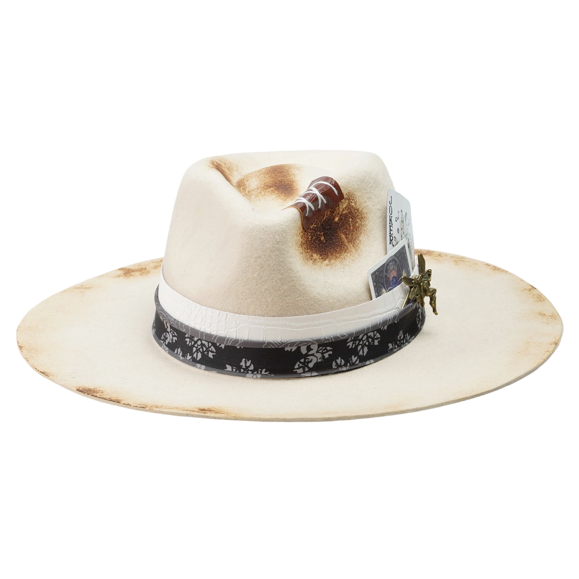 Felt Hat – Off-White with Teardrop Crown and Burnt Edges