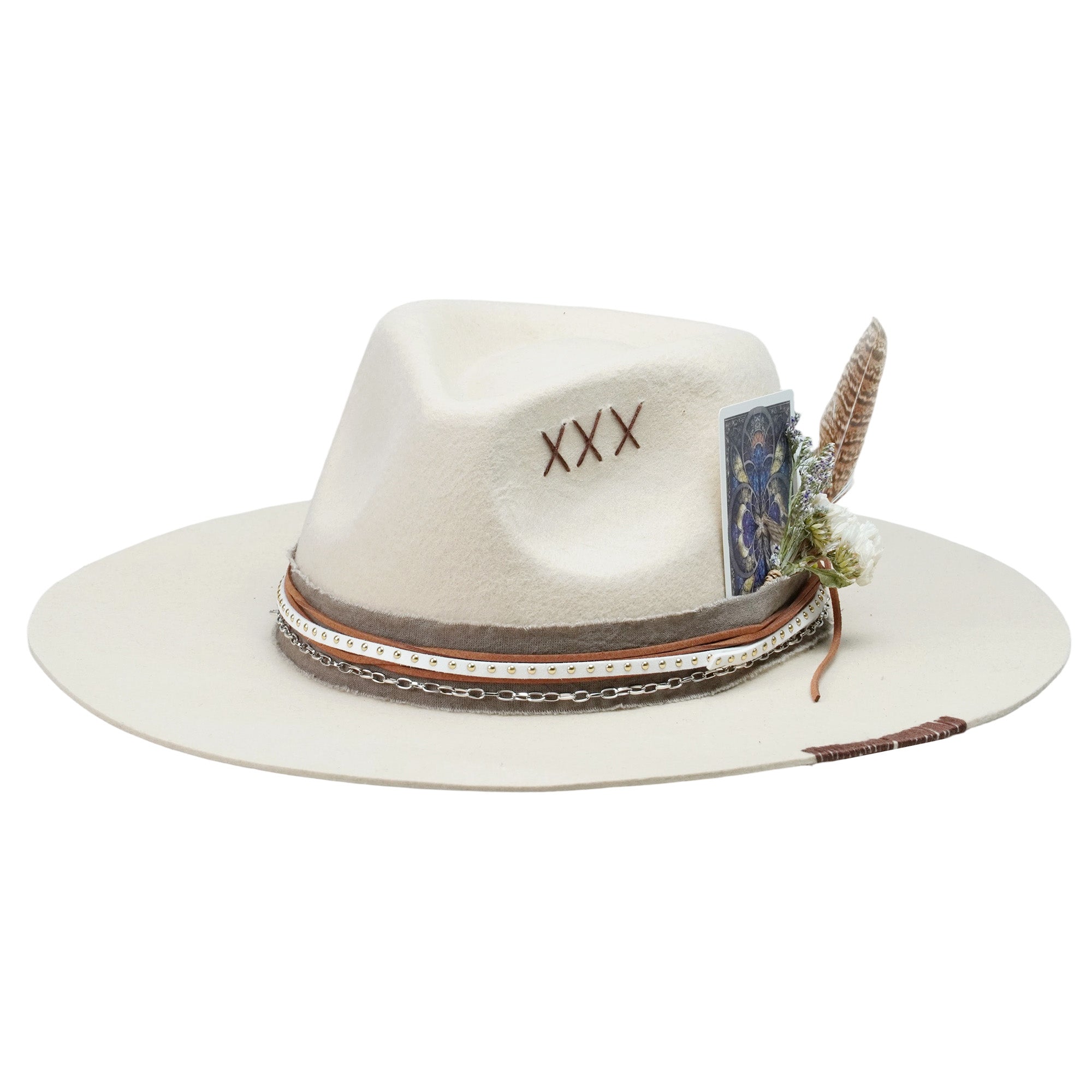 Cream Straight Brim Fedora with Mixed Textures & Card
