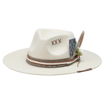 Cream Straight Brim Fedora with Mixed Textures & Card
