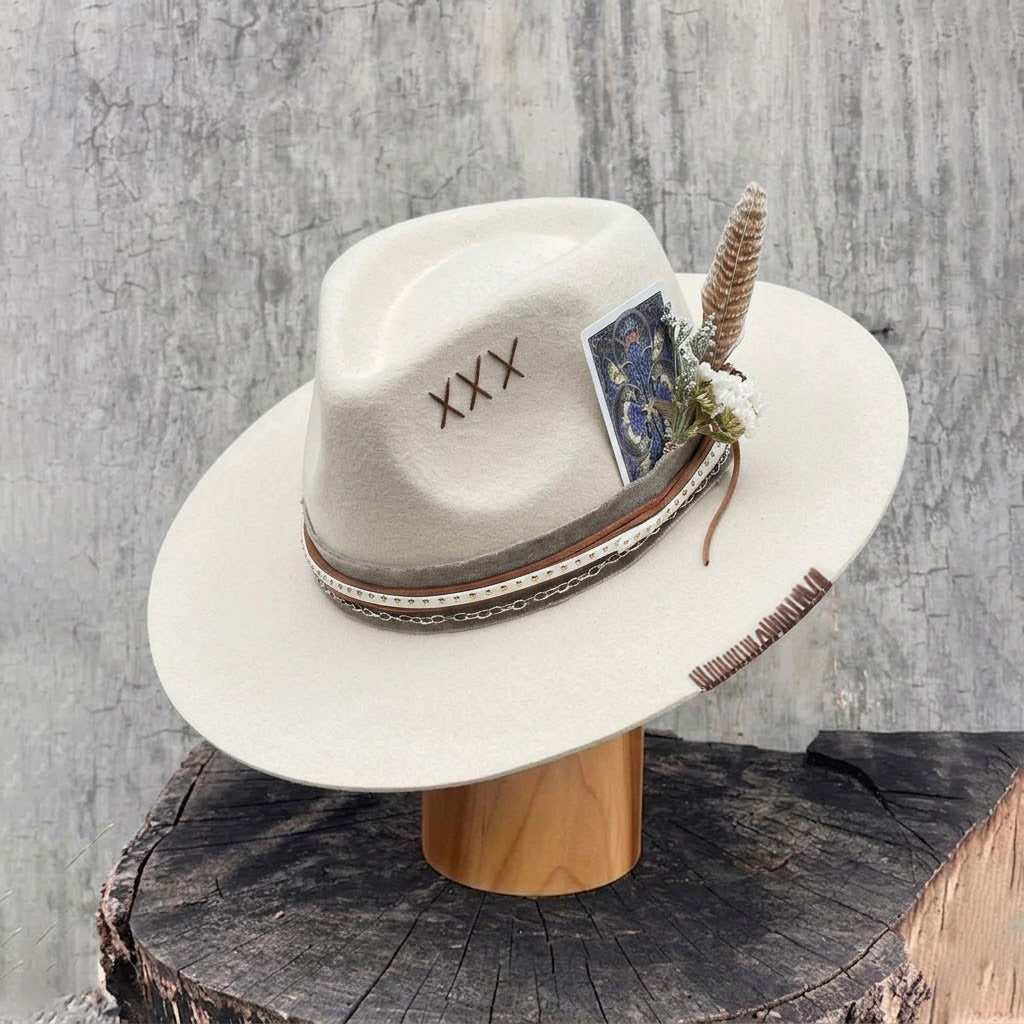 Cream Straight Brim Fedora with Mixed Textures & Card