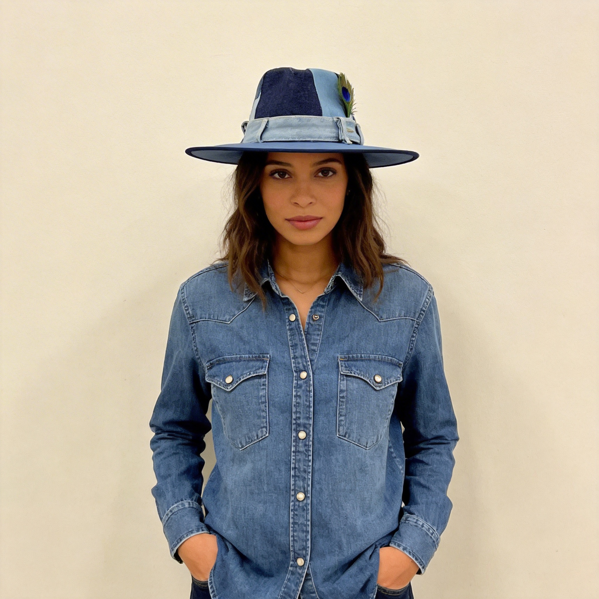 Patchwork Denim Wide-Brim Hat