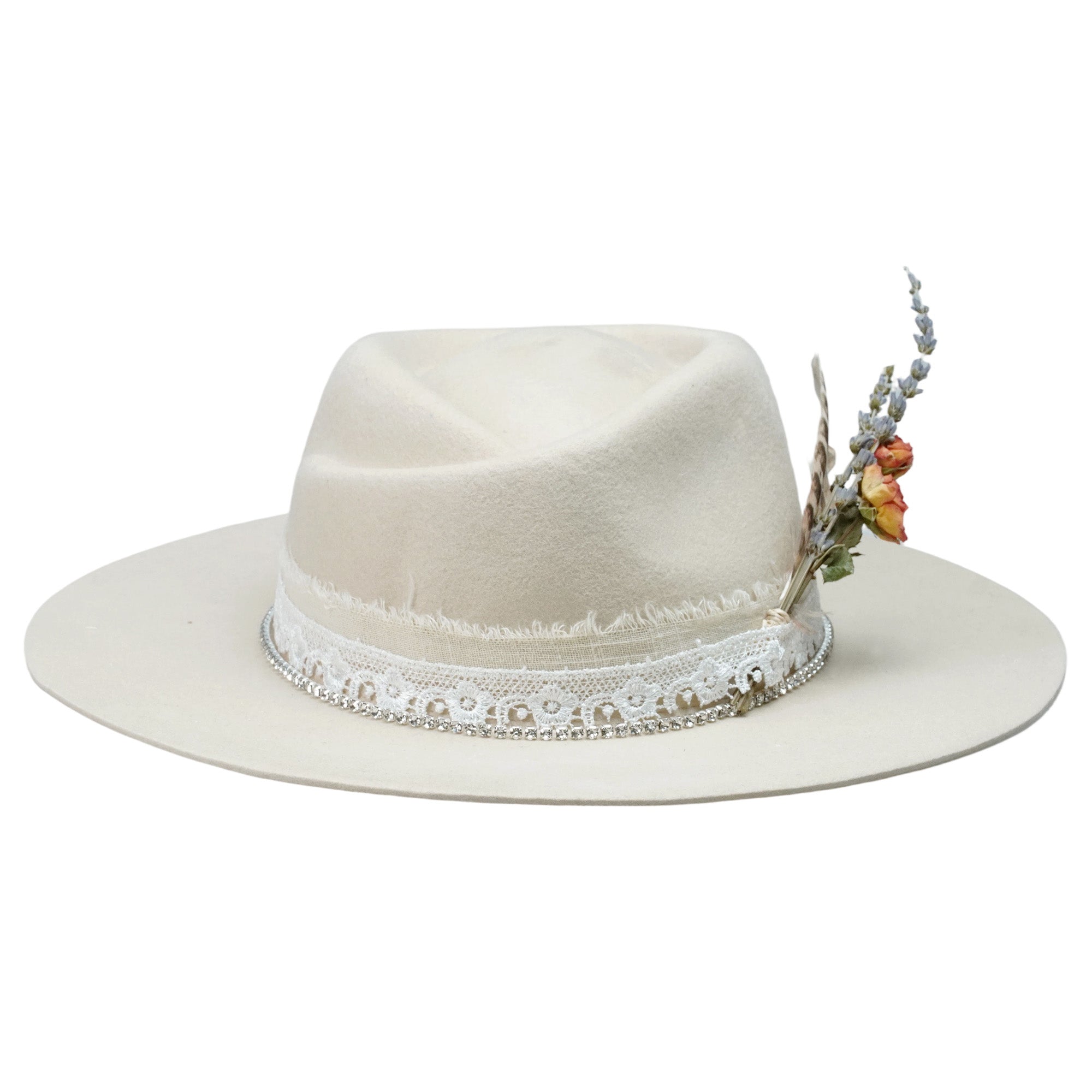 Cream Felt Fedora with Lace Band & Diamond Chain