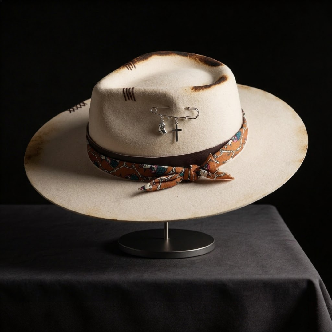 Hand-Burned Edgy Felt Hat – Neutral Tone, Textural Contrast Band