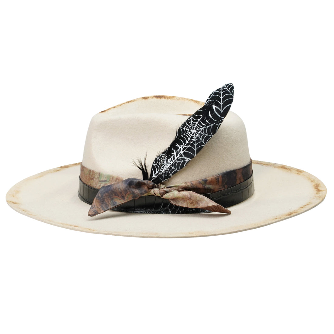 Edgy Felt Hat: Ornate Fabric, Leather, Delicate Feathers