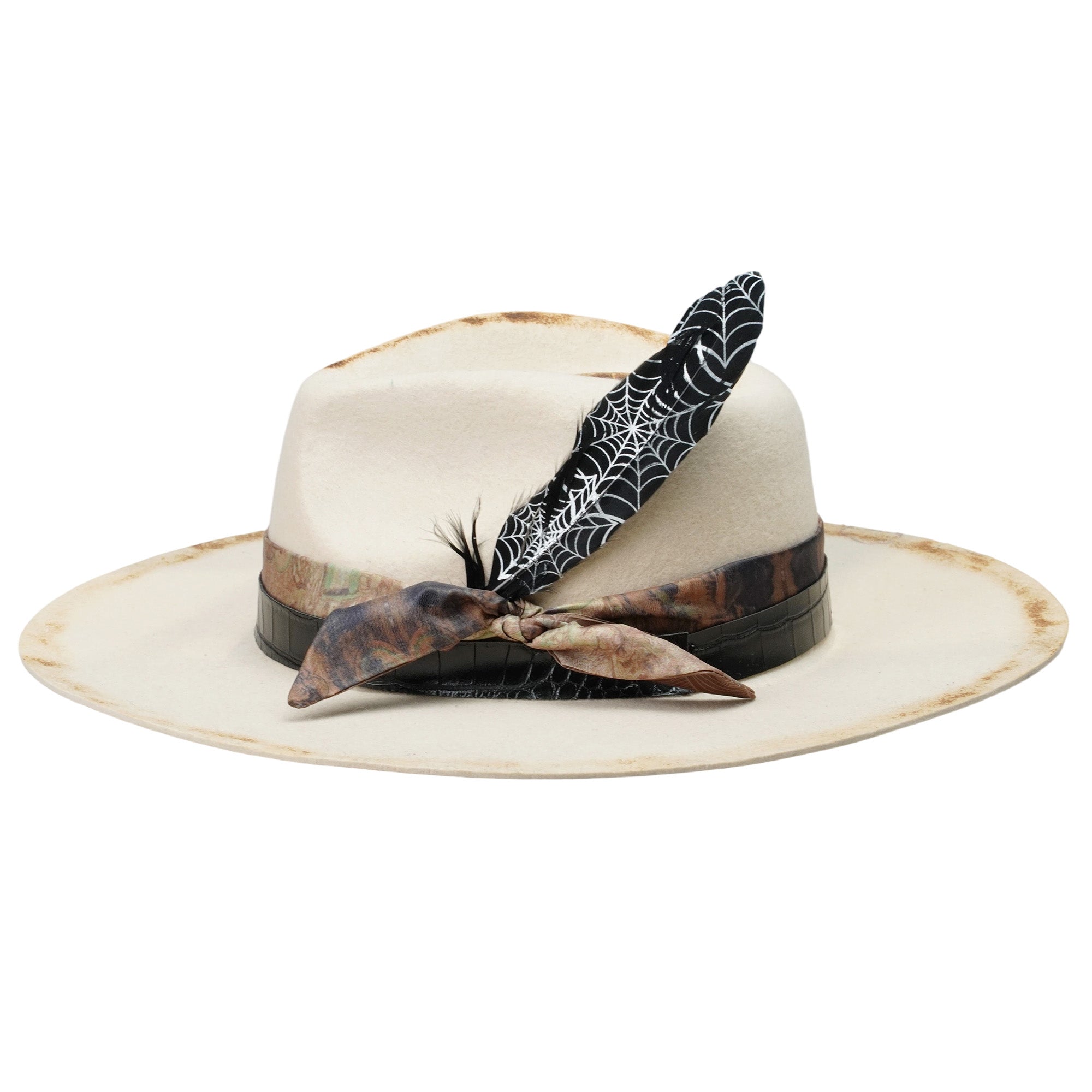 Edgy Felt Hat: Ornate Fabric, Leather, Delicate Feathers