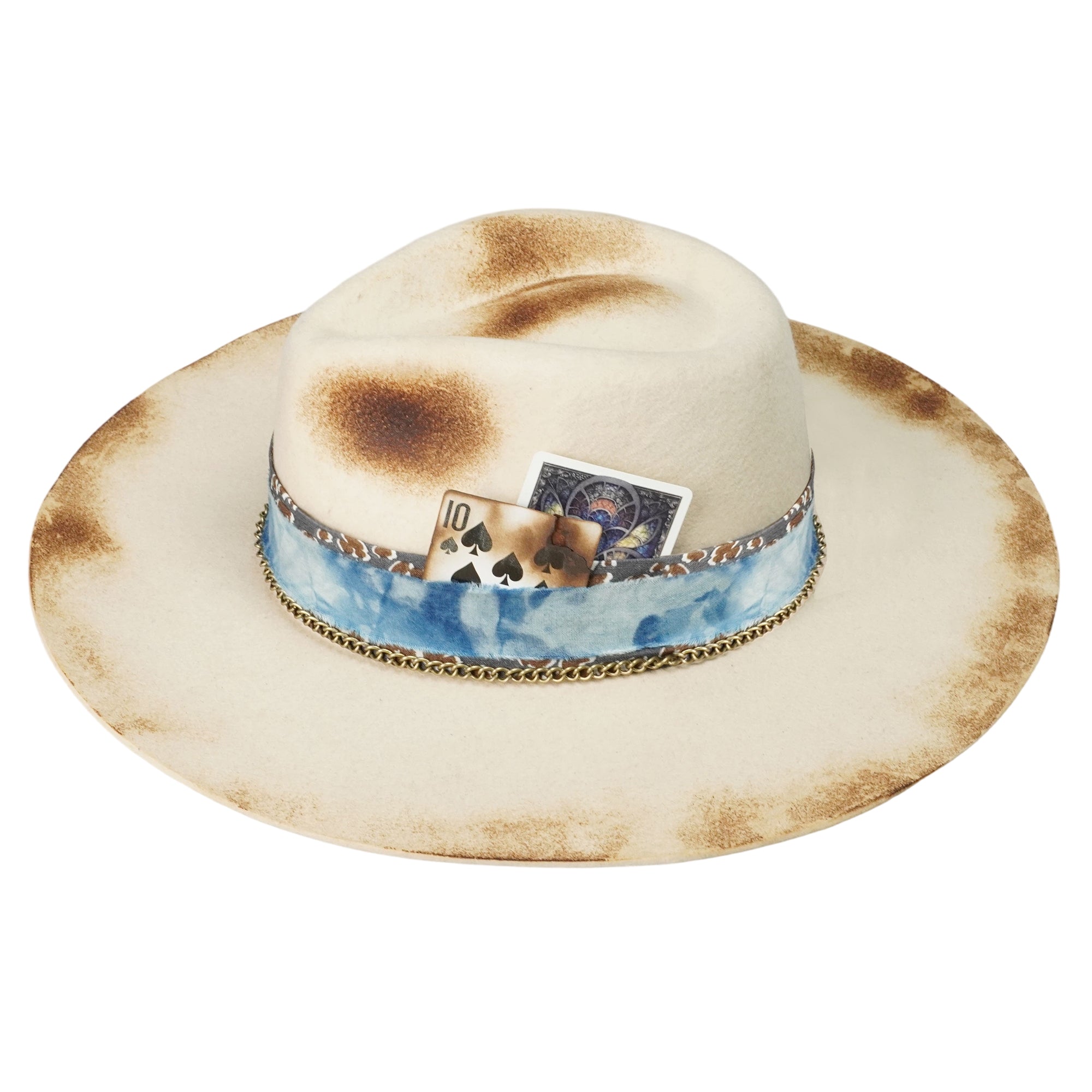 Hand-Burned Edgy Felt Hat – Metal Chain, Fire-Marked Brim