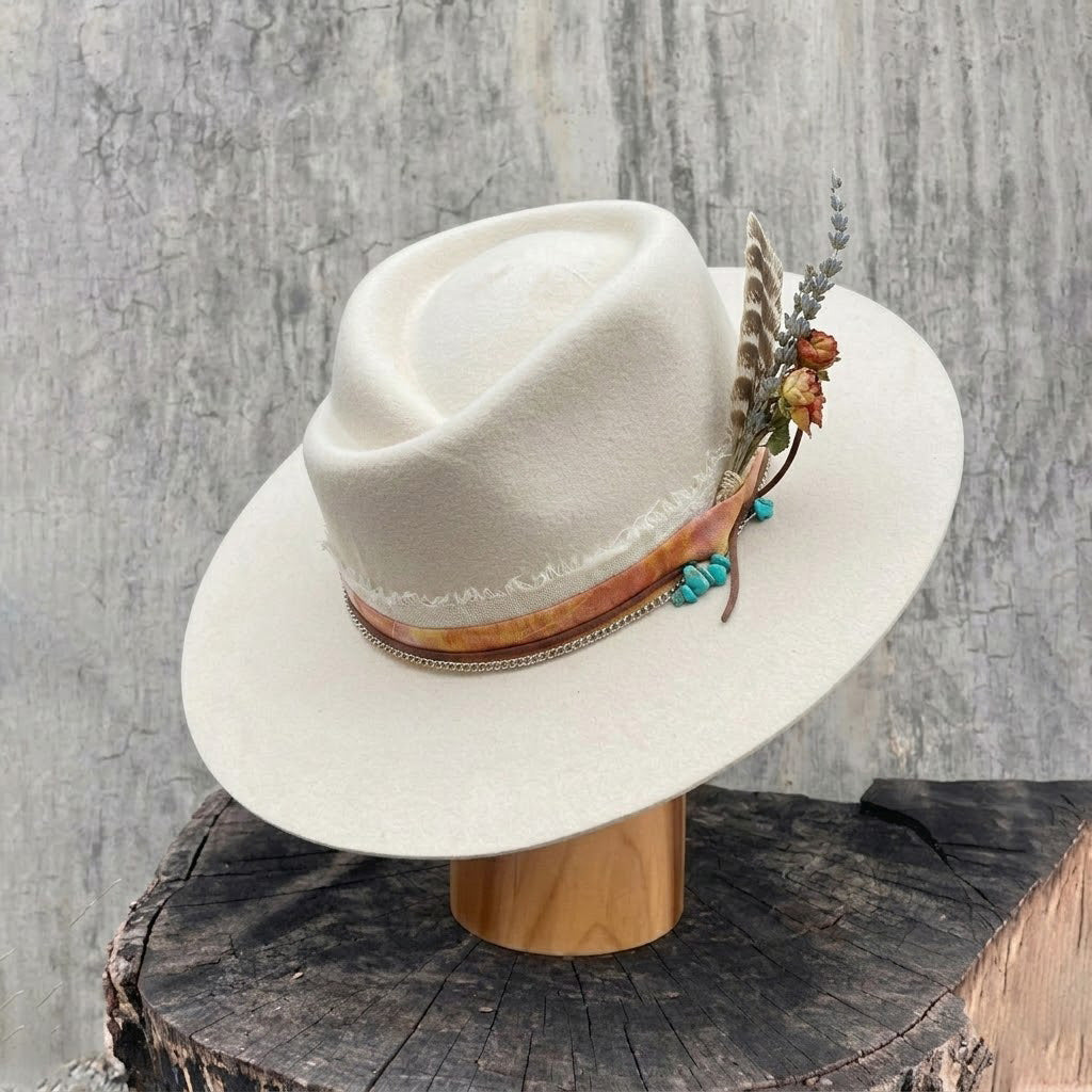 Cream Felt Fedora with Rose Crown & Dried Flowers