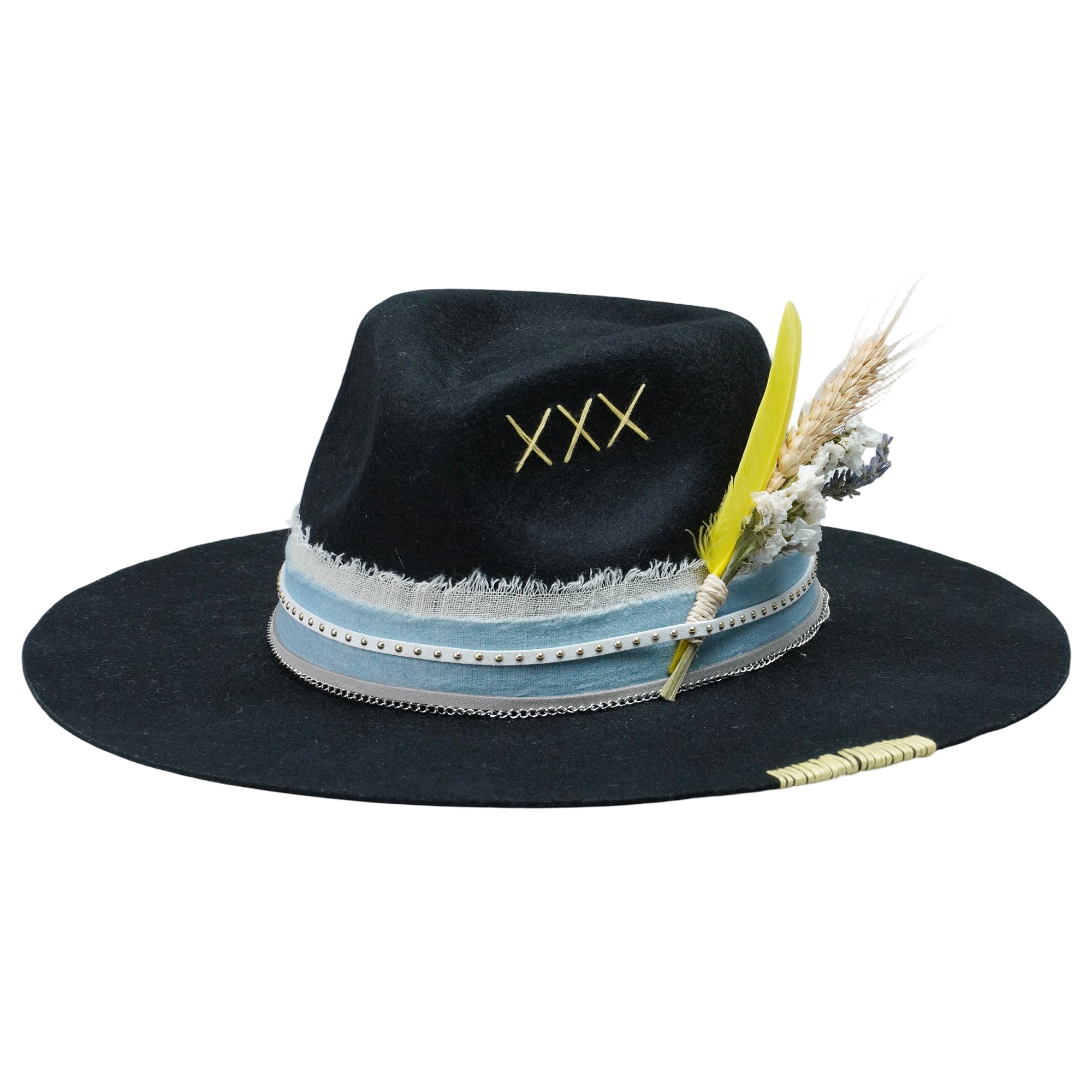 Black Felt Fedora with Denim & Leather Band