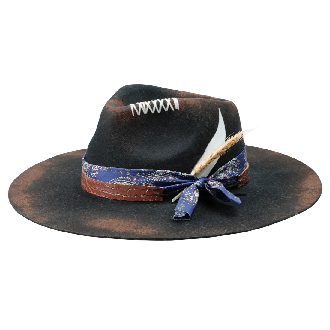 Hand-Burned Distressed Felt Hat – Croc-Texture Band, Feather Accent