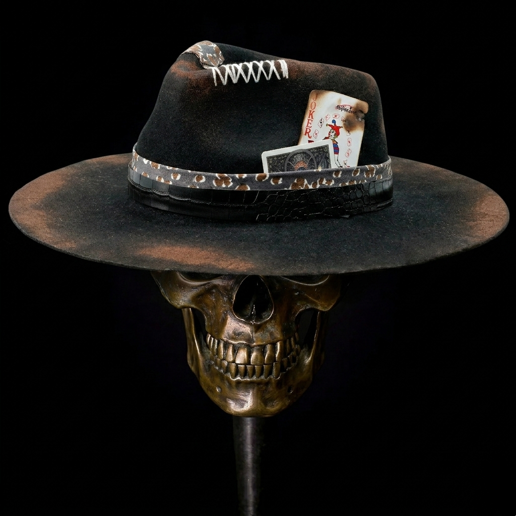 Hand-Burned Artistic Felt Hat – Sculpted Crown, Eclectic Hatband
