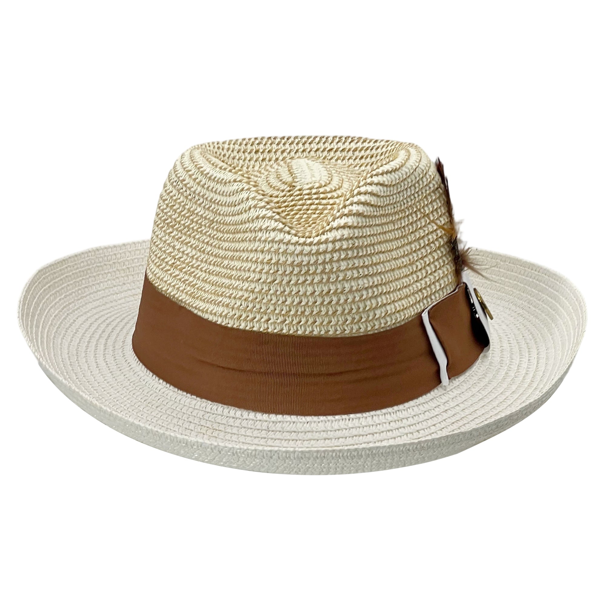 Beige Bow -Woven Summer Hats Feather Trim
