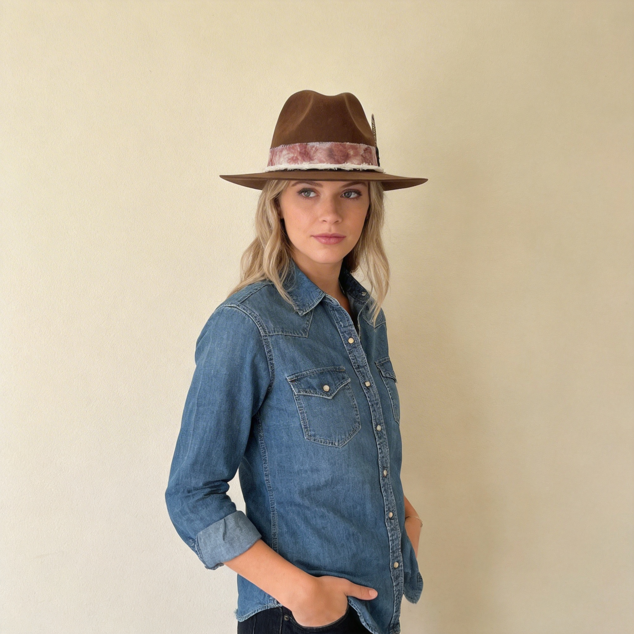 Warm Brown Fedora – Tie-Dye Band & Feather