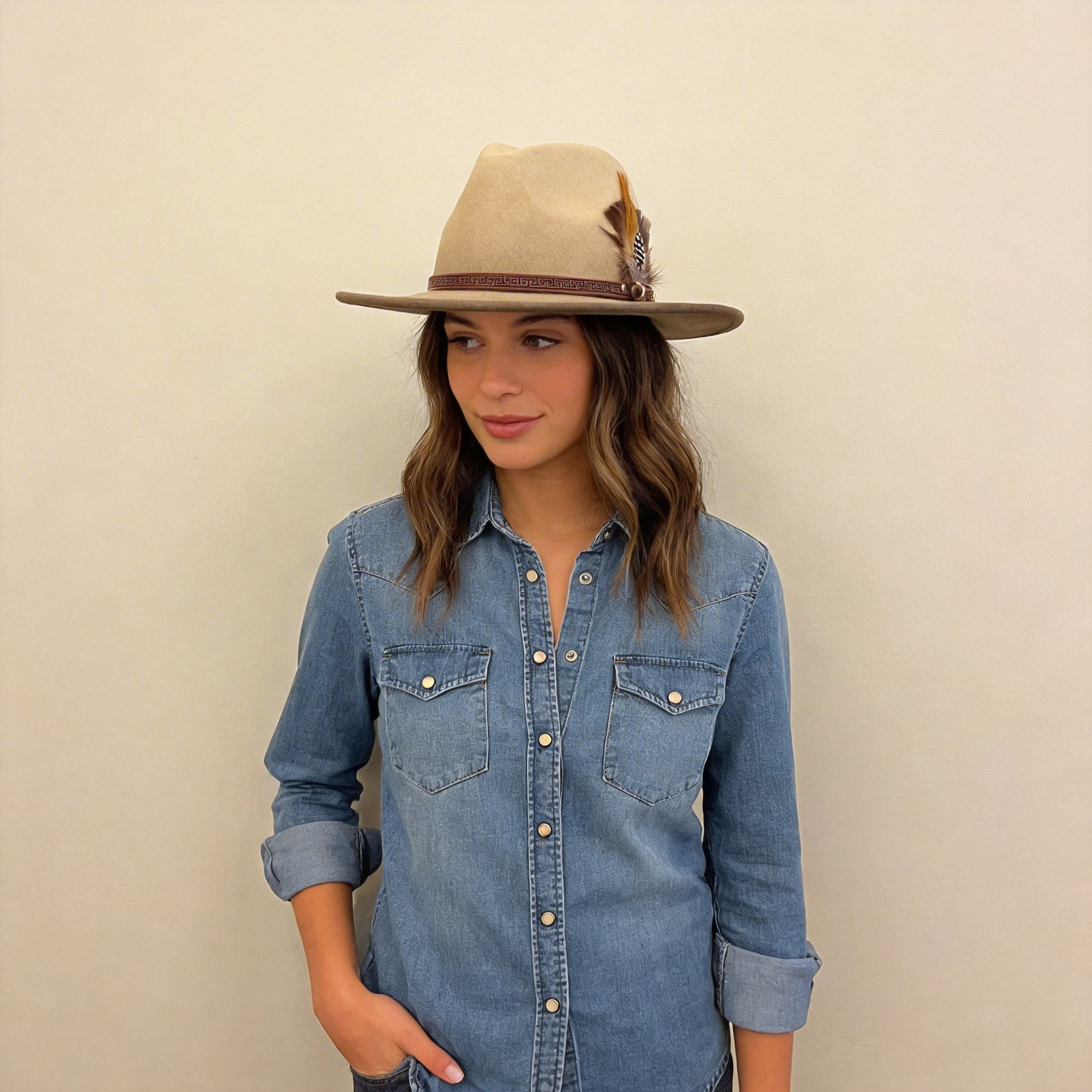 Ombre Beige Flat-Brim – Custom Leather Band & Feather