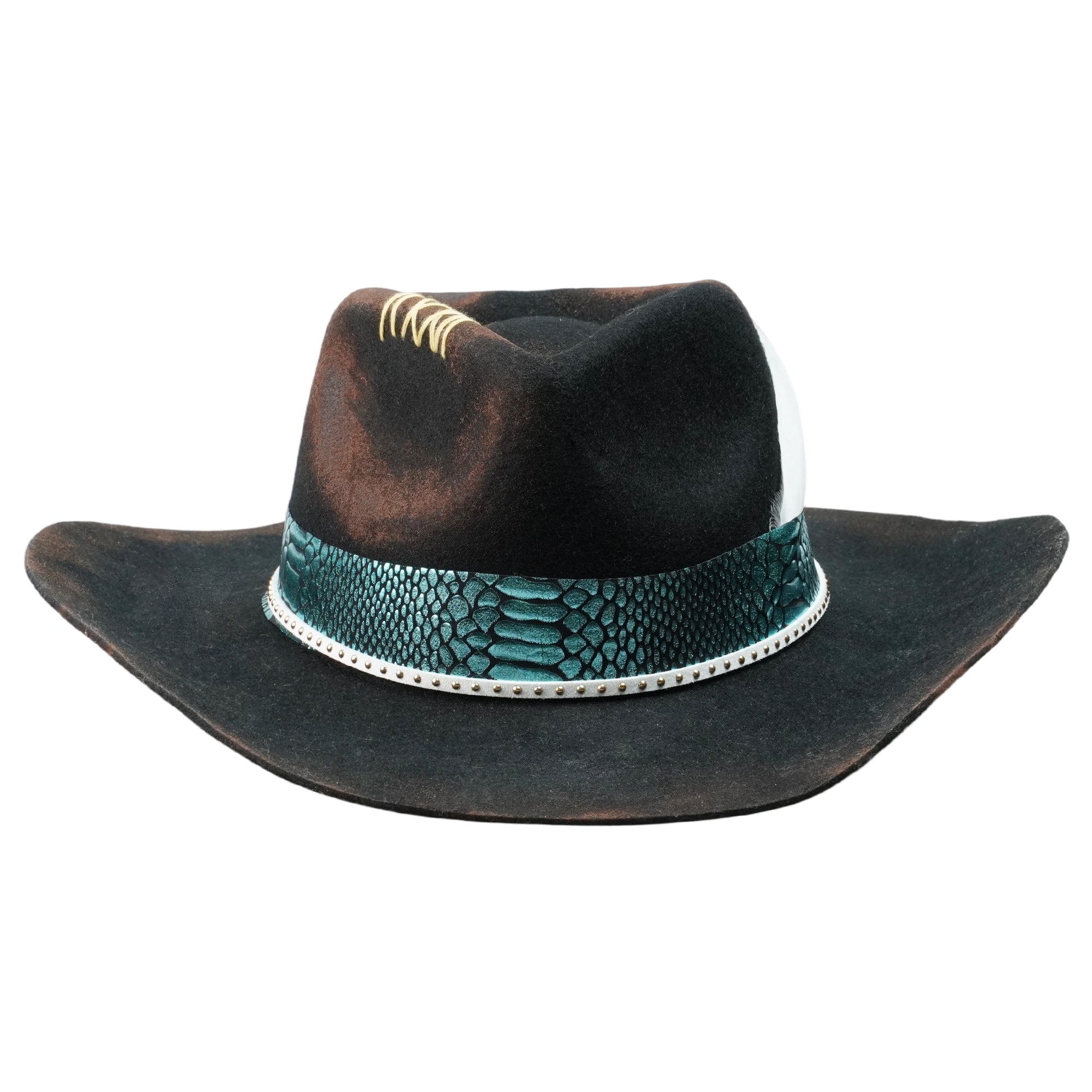 Hand-Burned Artistic Felt Hat – Charred Finish, Glossy Trim